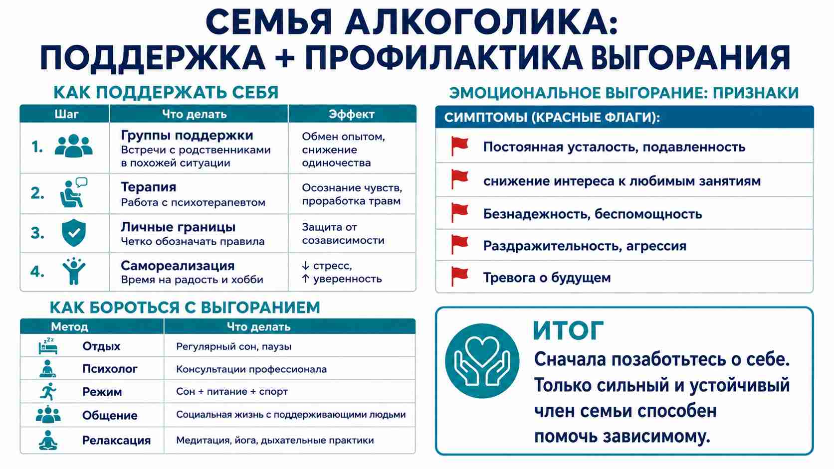 Инфографика о поддержке себя и профилактике выгорания для семей алкоголиков