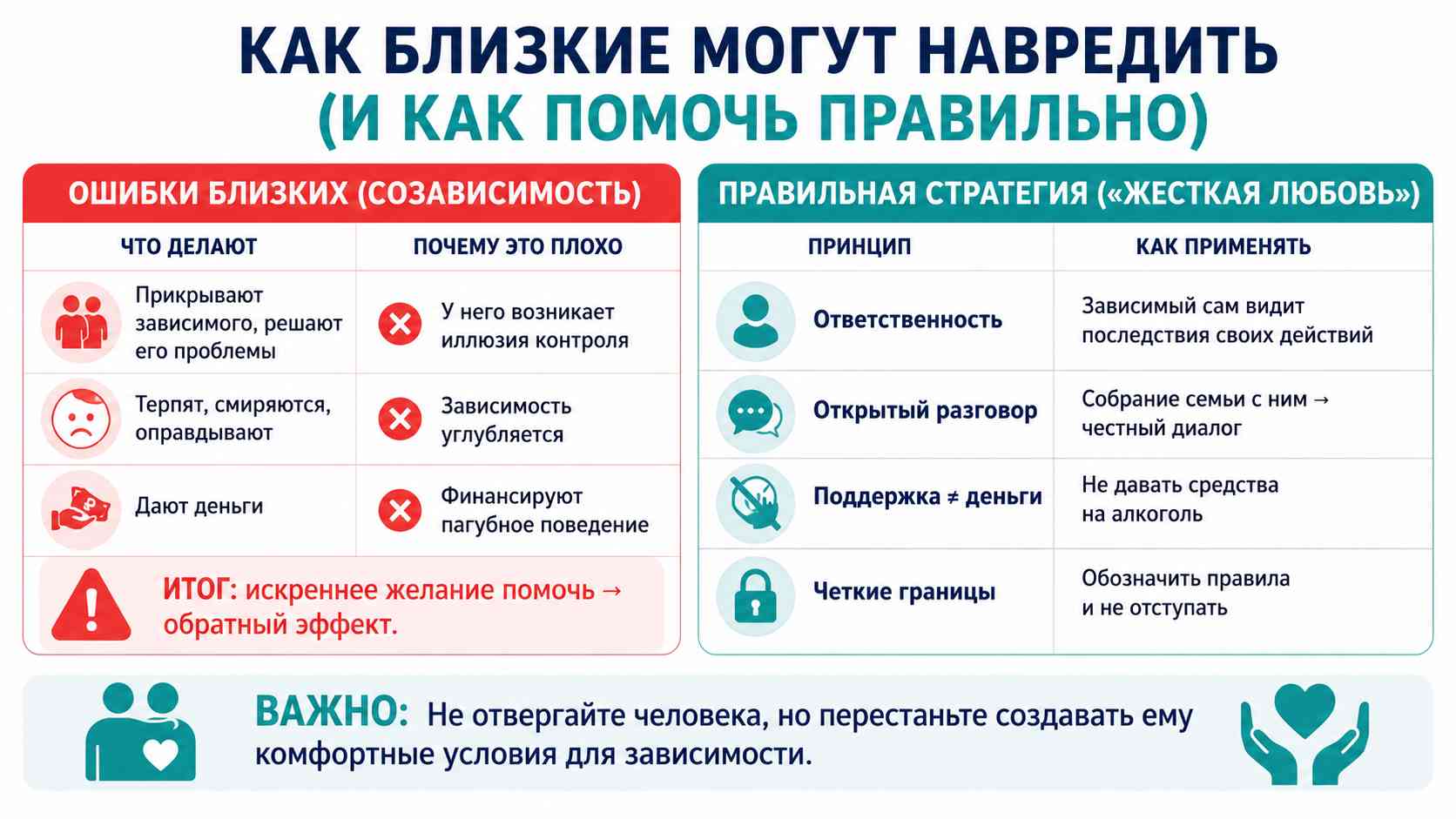 Инфографика об ошибках близких зависимого от алкоголя и правильной стратегии помощи