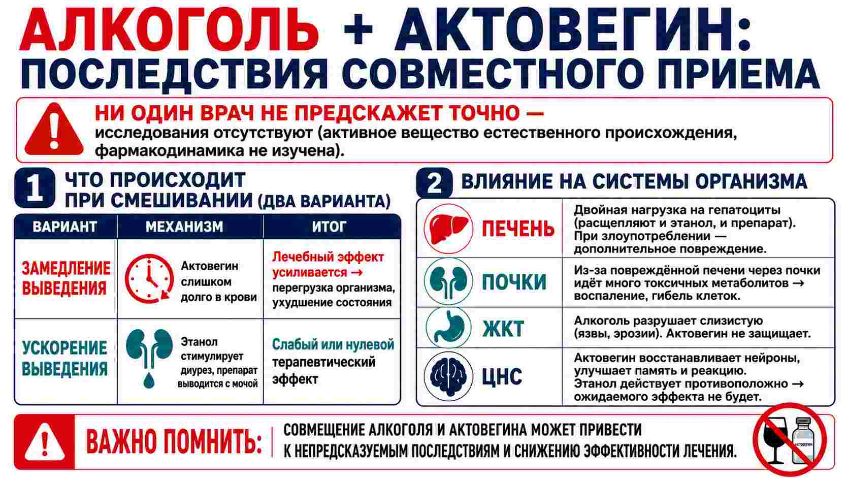 Инфографика о последствиях совместного приема алкоголя и Актовегина