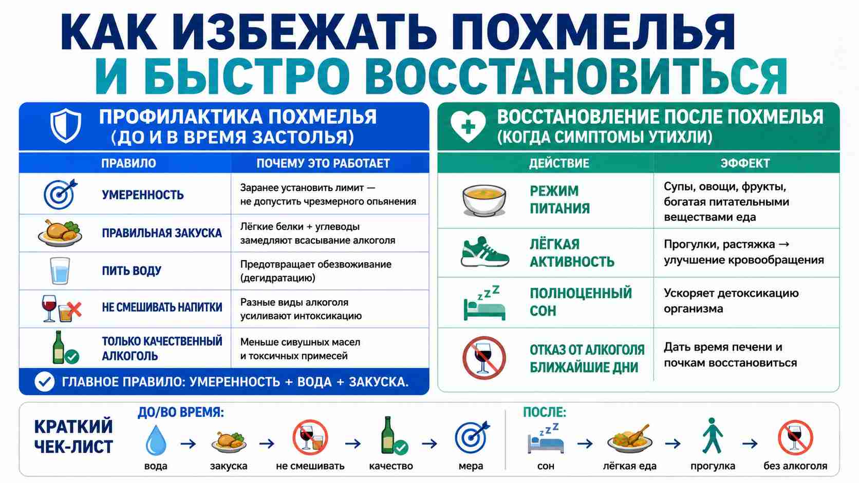 Инфографика о том, как избежать похмелья и быстро восстановиться