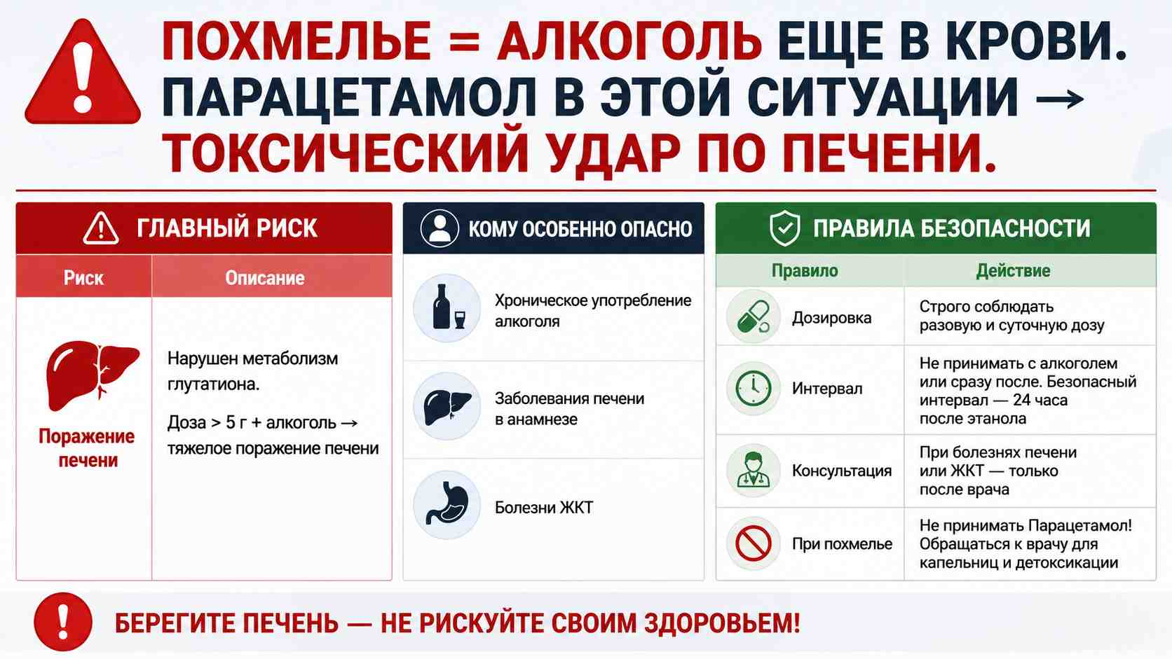 Инфографика об опасности приема парацетамола при похмелье